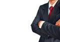 Portrait of business man in suit with red tie on white background