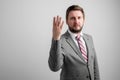 Portrait of business man wearing business clothes showing number four Royalty Free Stock Photo