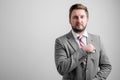 Portrait of business man wearing business clothes take out the card pocket Royalty Free Stock Photo