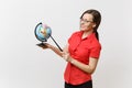 Portrait of business teacher woman in red shirt skirt glasses holding globe and wooden classroom pointer isolated on Royalty Free Stock Photo