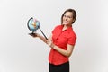 Portrait of business teacher woman in red shirt skirt glasses holding globe and wooden classroom pointer isolated on Royalty Free Stock Photo