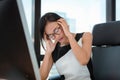 Portrait of Business Woman Having Headache During Working in Office Workplace, Asian Woman is Suffering From Fatigue Office