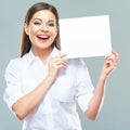 Portrait of business woman holding sign board. Royalty Free Stock Photo