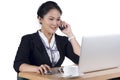 Portrait of business woman speaking on mobile phone while using