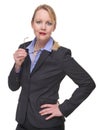 Portrait of a business woman in suit holding glasses Royalty Free Stock Photo