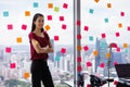 Portrait Business Woman Writing Sticky Notes Smiling Happy Royalty Free Stock Photo