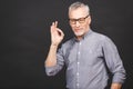 Portrait of businesslike senior aged man 50s with grey hair and beard in shirt smiling and gesturing ok sign isolated against