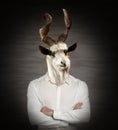Portrait of businessman with goat face on dark background