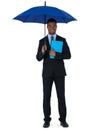 Portrait of businessman holding blue umbrella and a file Royalty Free Stock Photo