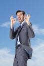 Portrait, businessman and smile with okay sign with sky for decision, choice or option for career. Happy person, male Royalty Free Stock Photo