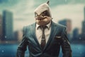 Portrait of a Businessman in a Suit with a Shark Head extreme closeup. Generative AI Royalty Free Stock Photo