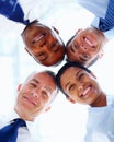 Portrait, businesspeople and together with low angle in office for diversity, unity and support. Corporate, man and