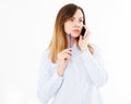 Portrait of businesswoman girl with smartphone. Woman tolking on phone. Confident young manager. Copy space Royalty Free Stock Photo