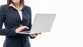 Portrait businesswoman holding silver laptop in the office isolated