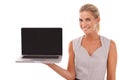 Portrait, businesswoman and laptop with mockup in studio, isolated or white background of advertising space. Happy