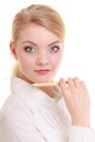 Portrait businesswoman with pen. Elegant woman blond girl isolated Royalty Free Stock Photo