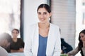 Portrait, businesswoman and pride in professional workspace for company, internship and leader for project. Female Royalty Free Stock Photo