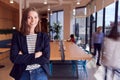 Portrait Of Businesswoman Standing In Busy Modern Open Plan Office With Colleagues In Background