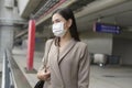 Portrait of  Businesswoman is wearing face mask work in modern City , people lifestyle , working under Covid-19 pandemic concept Royalty Free Stock Photo