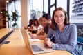 Portrait Of Businesswoman Working At Desk In Shared Open Plan Office Workspace Royalty Free Stock Photo