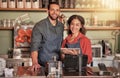 Portrait, cafe and barista couple with tablet ready to take orders in small business. Teamwork, diversity or man and Royalty Free Stock Photo