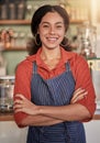 Portrait, cafe barista and woman with arms crossed ready to take your order. Coffee shop, waiter and confident, happy Royalty Free Stock Photo