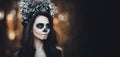 portrait of Calavera Catrina in black dress. Sugar skull makeup. Dia de los muertos. Day of The Dead Royalty Free Stock Photo