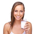 Portrait, calcium and a glass of a milk with a woman in studio isolated on a white background. Health, drink and diet Royalty Free Stock Photo