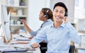 Portrait, call center and Asian man smile for customer service, telemarketing or tech support. Face, crm and sales agent Royalty Free Stock Photo
