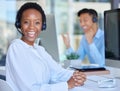 Portrait, call center and black woman on computer in office consulting for crm, contact us or customer service. Face