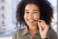 Portrait, call center and black woman with smile, success and training for telemarketing, headset and customer service Royalty Free Stock Photo