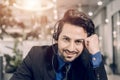 Portrait call center hispanic latin male business service support helpdesk call line happy smiling Royalty Free Stock Photo