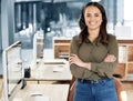 Portrait, call center and woman with arms crossed, telemarketing and employee with headphones, advice and help. Face Royalty Free Stock Photo