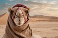 Portrait of a camel, close-up. View of a camel on the background of sand dunes of the desert Royalty Free Stock Photo