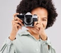 Portrait, camera photographer and black woman in studio isolated on a white background. Photography, professional and Royalty Free Stock Photo