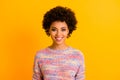 Portrait of candid cute sweet lovely afro american girl enjoy fall holiday look good wear casual style sweater isolated