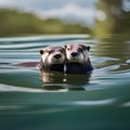 A portrait capturing the affectionate nature of a pair of otters floating on their backs, holding hands in the water3