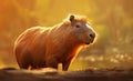 Portrait of a capybara in water at sunrise