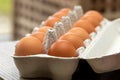 A portrait of a cardboard box full of brown chicken eggs standing on a table, ready to be used in the kitchen. The standard carton Royalty Free Stock Photo