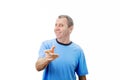 Portrait of carefree and friendly middle aged,  smiling broadly, pointing fingers  to camera pay attention to someone, greeting Royalty Free Stock Photo