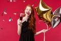 Portrait of carefree gorgeous feminine young redhead woman celebrating birthday, throw huge party, dancing and smiling