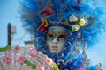 Portrait of a Carnival blue mask with fan in Venice, Italy Royalty Free Stock Photo