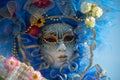 Portrait of a Carnival blue mask in Venice, Italy. Royalty Free Stock Photo