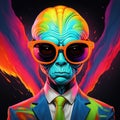 Cartoon alien with big eyes on a colourful otherworldly background Royalty Free Stock Photo