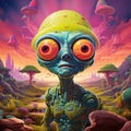 Cartoon alien with big eyes on a colourful otherworldly background Royalty Free Stock Photo