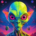 Cartoon alien with big eyes on a colourful otherworldly background Royalty Free Stock Photo