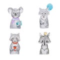 Portrait of cartoon aminals kids koala wolf and raccoon. Royalty Free Stock Photo