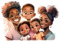 Portrait of cartoon happy family. Grandmother with daughter and three children