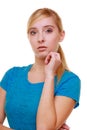 Portrait casual blond thoughtful pensive girl female student isolated Royalty Free Stock Photo