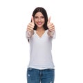 Portrait of casual woman making ok sign whilte standing Royalty Free Stock Photo